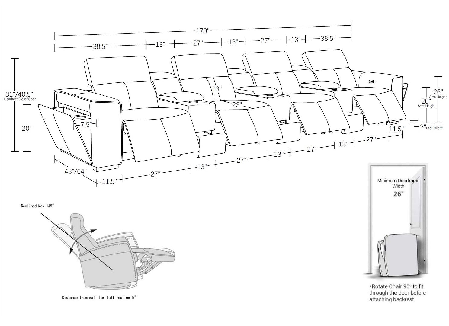 1224 Divanitalia 7-Piece Modular Power Reclining Sofa in Top Grain Italian Leather with 4 Power Recliners & Power Headrests