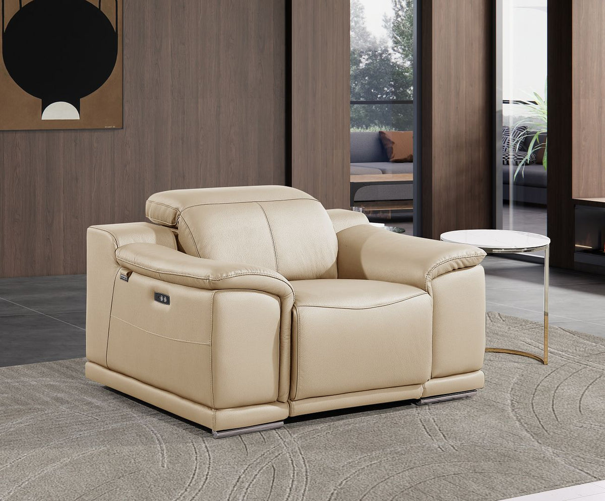 9762 Divanitalia Top Grain Italian Leather Power Reclining Chair with Adjustable Headrests - Beige - SKU 9762-PWR-CH-CREAM