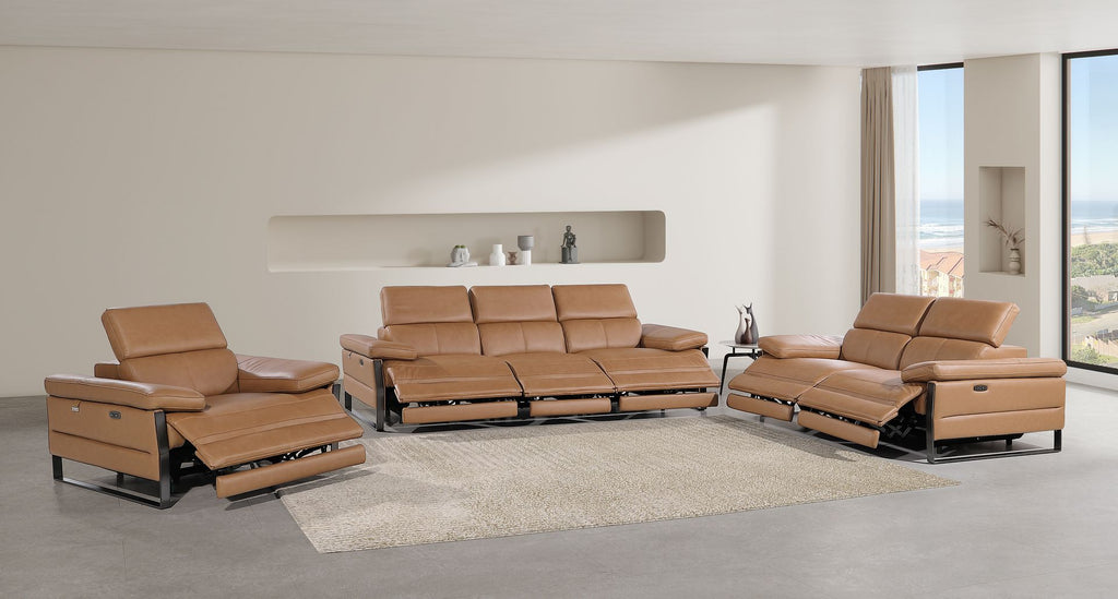 1246 Divanitalia Modular Power Triple Reclining Sofa, Loveseat, and Chair Set with Power Headrests - Top Grain Italian Leather - Cognac - SKU 1246-COGNAC-6.6-HT-3PC - view 2