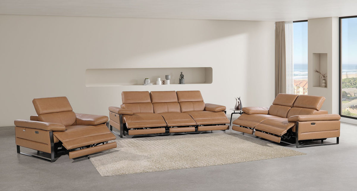 1246 Divanitalia Modular Power Triple Reclining Sofa, Loveseat, and Chair Set with Power Headrests - Top Grain Italian Leather - Cognac - SKU 1246-COGNAC-6.6-HT-3PC - view 2