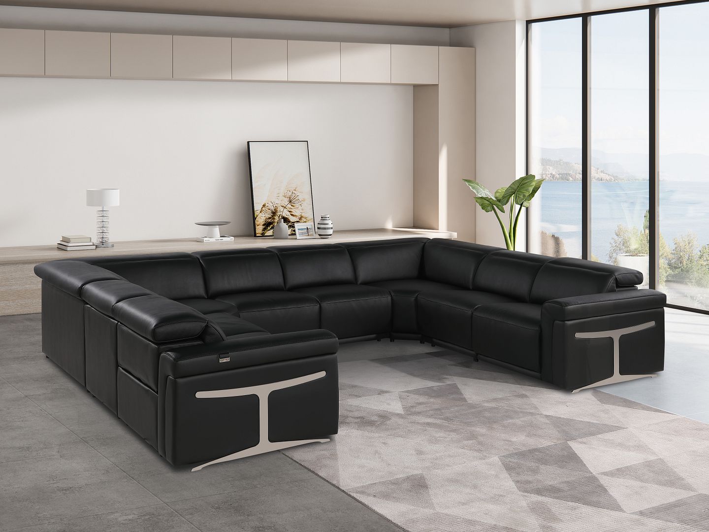 1126 Divanitalia 8-Piece U-Shaped Sectional Sofa in Top Grain Italian Leather with 4 Power Recliners & Power Headrests - Black