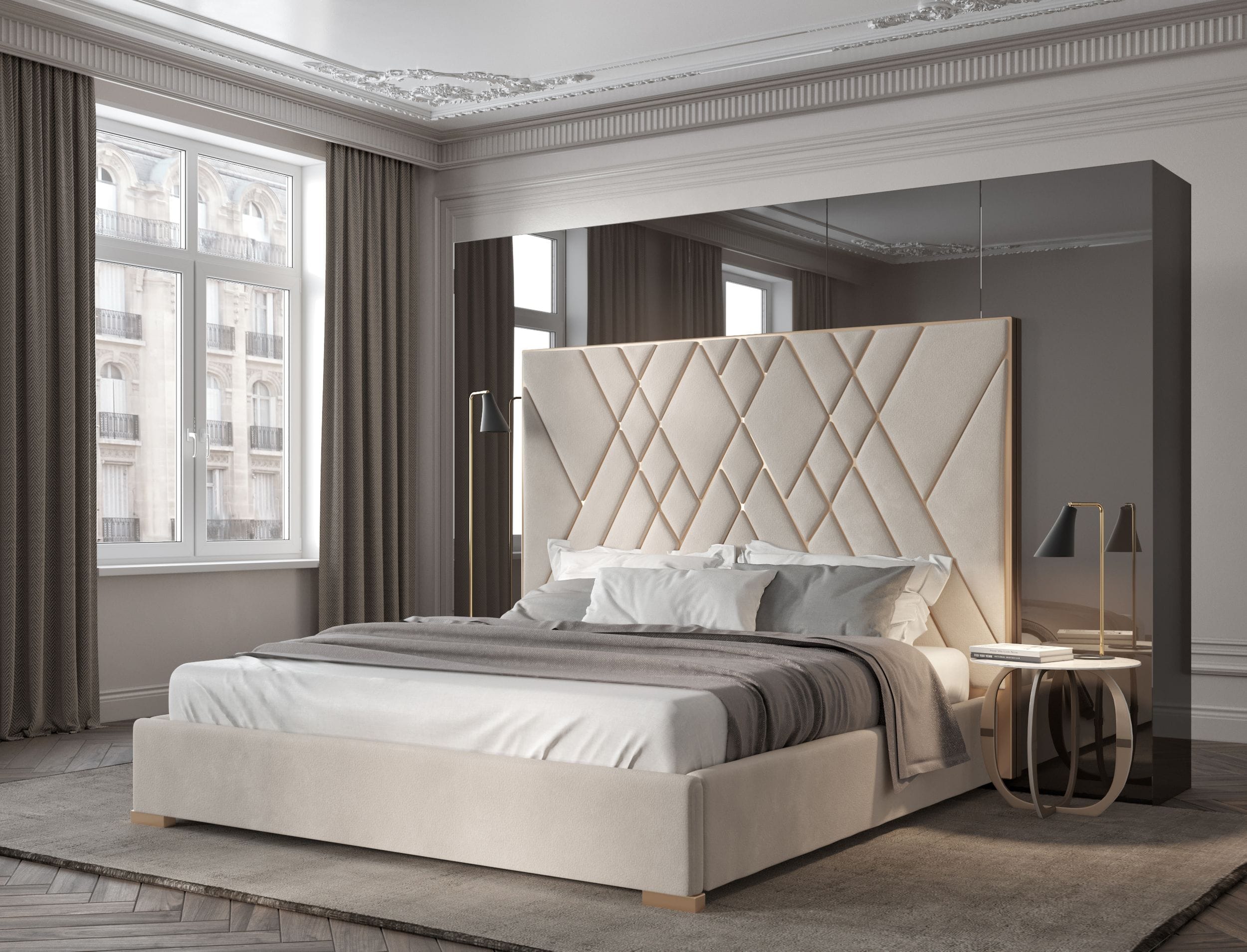 Eldora - Glam Beige Velvet and Brushed Brass Bed - Glam Beige Velvet and Brushed Brass Bed