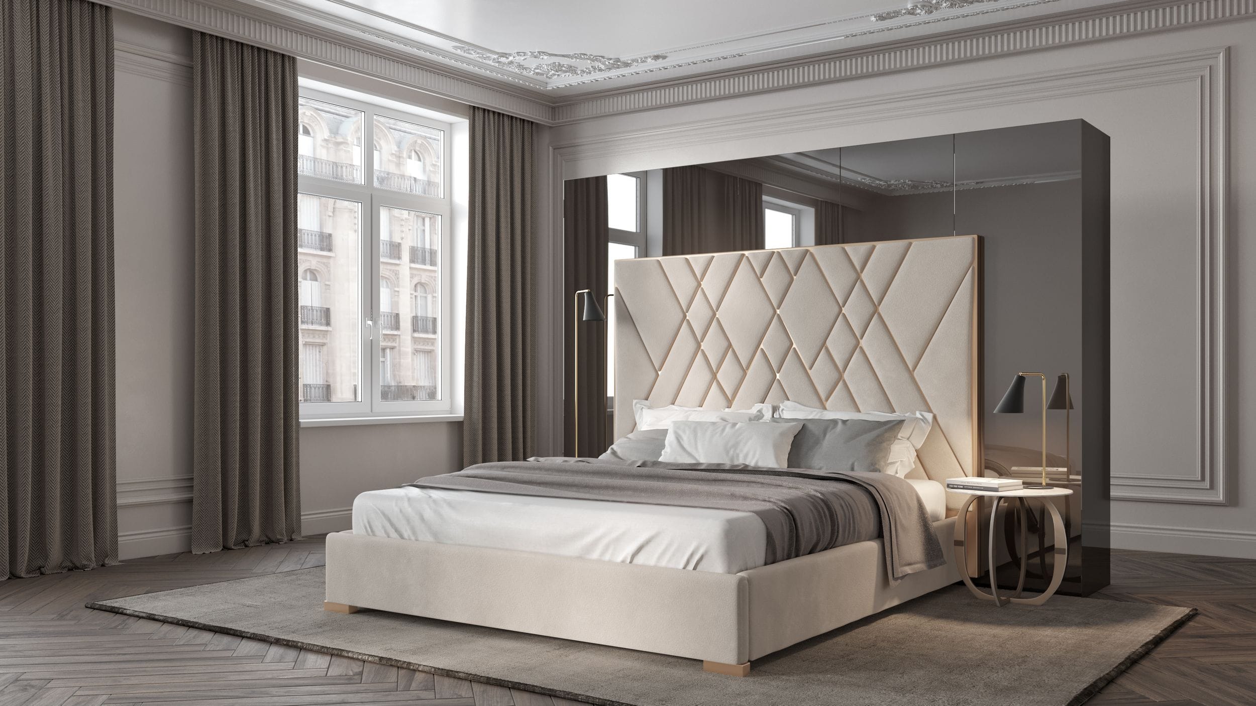 Eldora - Glam Beige Velvet and Brushed Brass Bed - Glam Beige Velvet and Brushed Brass Bed