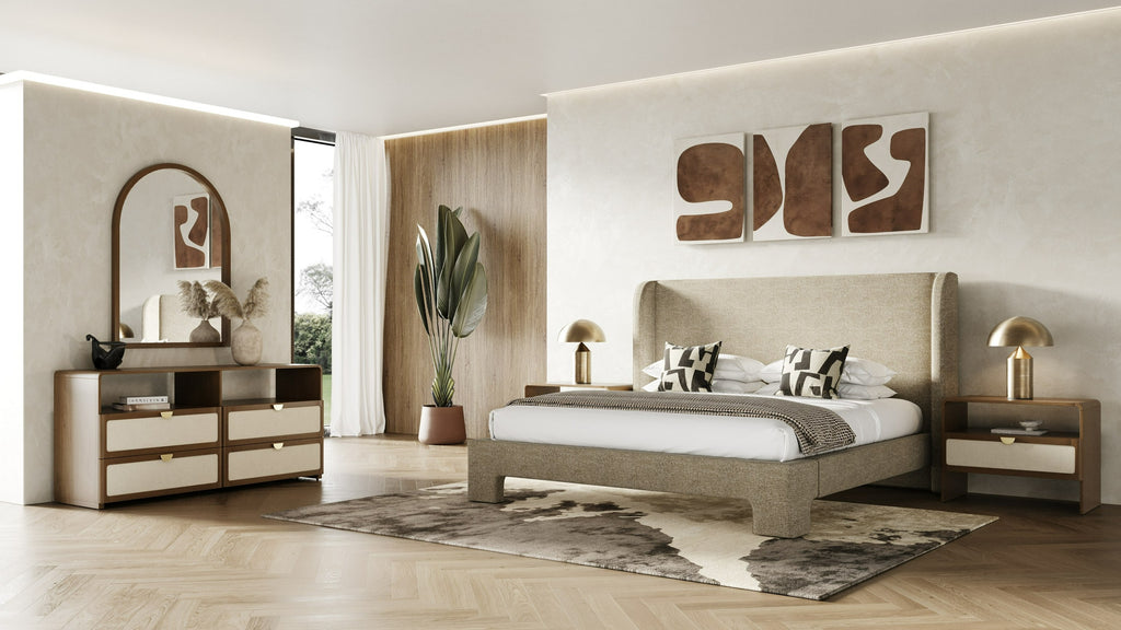 Emilio - Modern Beige Fabric Bed - Modern Beige Fabric Bed