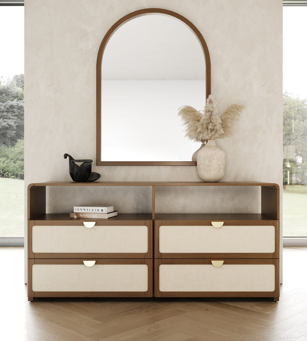 Emilio - Modern Beige Fabric + Burlap + Walnut 4-Piece Bedroom Set - Modern Beige Fabric + Burlap + Walnut 4 - Piece Bedroom Set