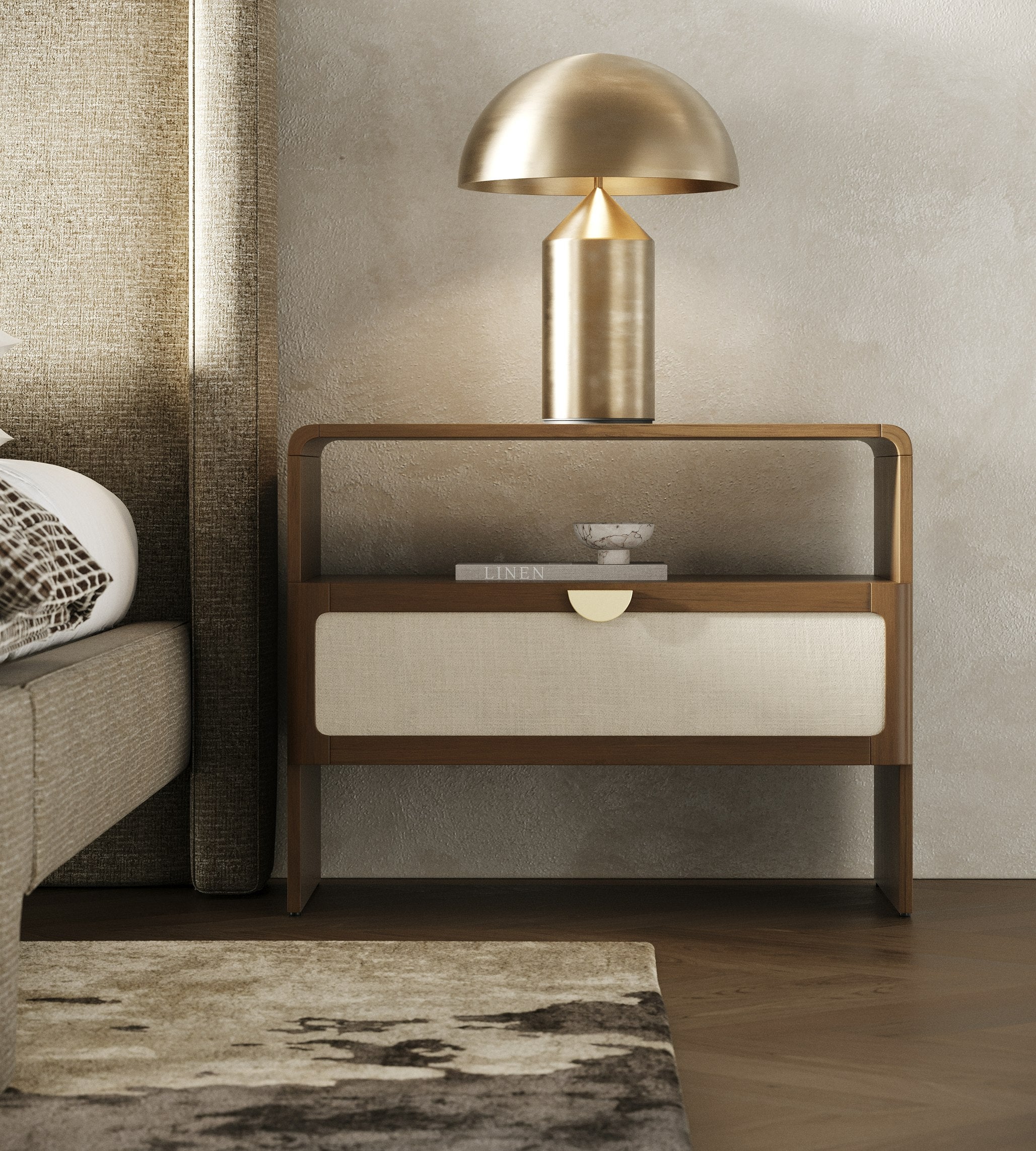 Emilio - Modern Beige Fabric + Burlap + Walnut 4-Piece Bedroom Set - Modern Beige Fabric + Burlap + Walnut 4 - Piece Bedroom Set