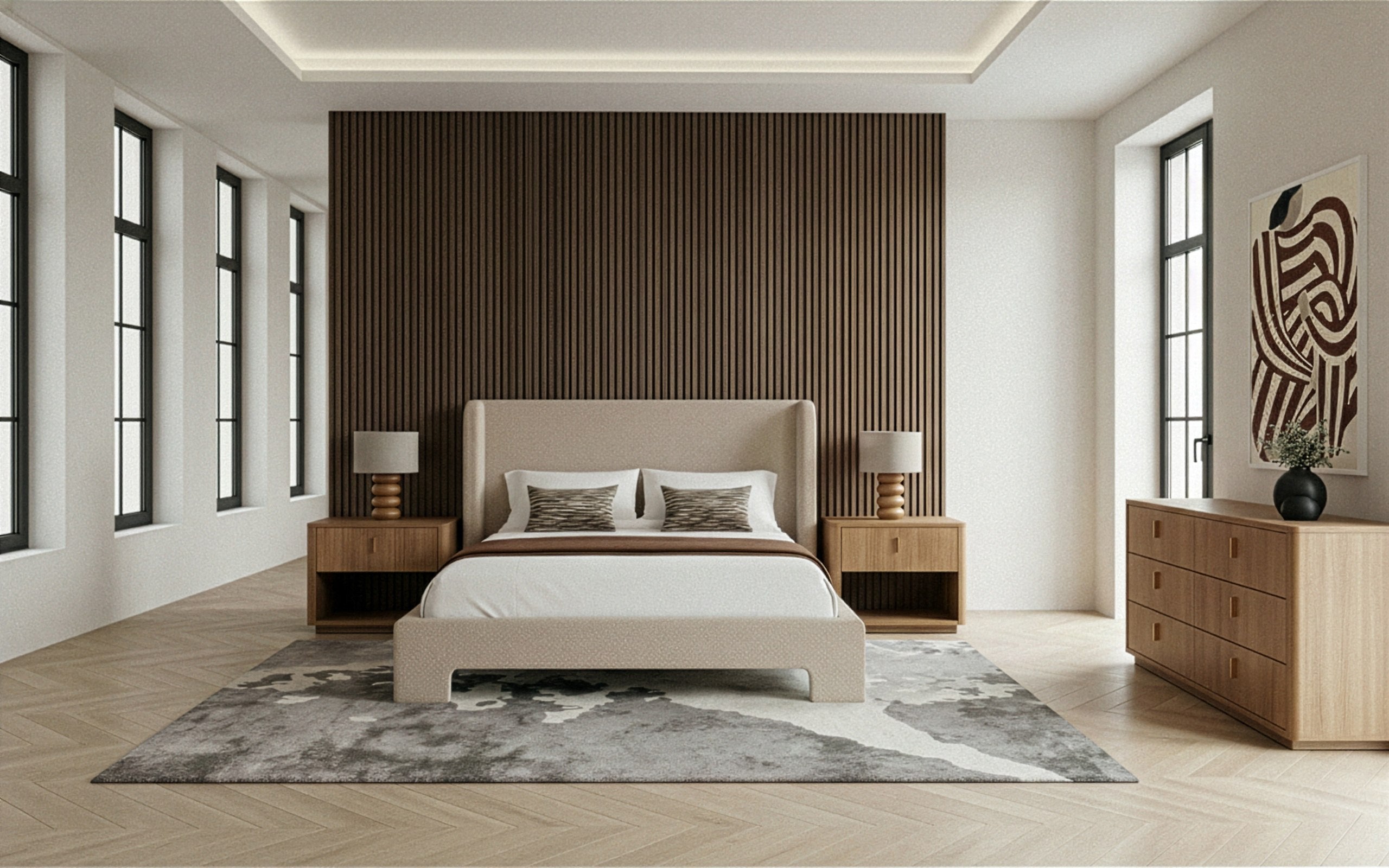 Emilio + Roma - Modern Beige Fabric + Oak 4-Piece Bedroom Set - Modern Beige Fabric + Oak 4 - Piece Bedroom Set