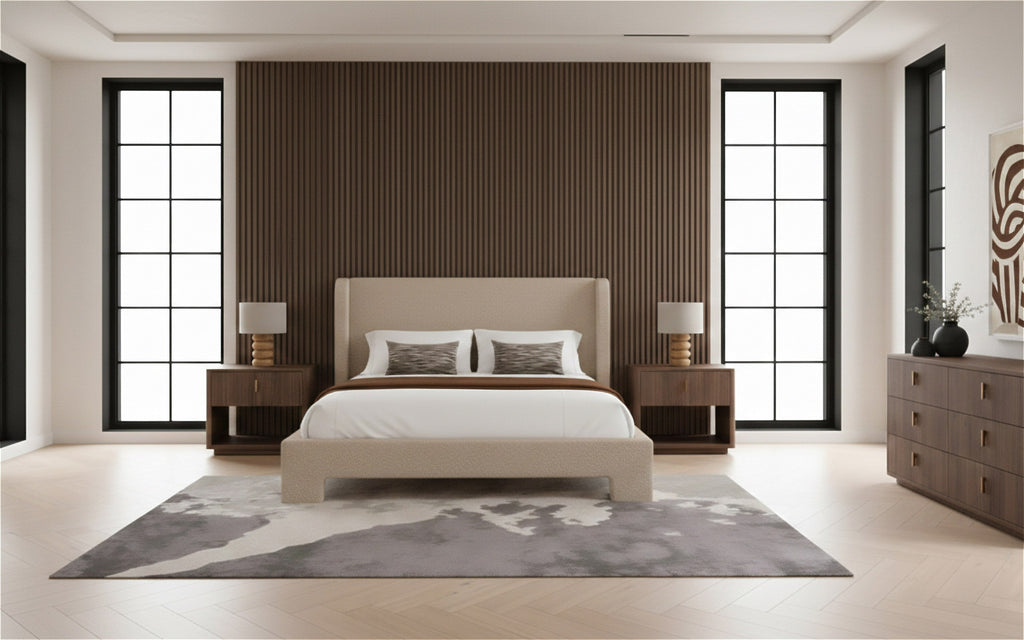 Emilio + Roma - Modern Beige Fabric + Walnut 4-Piece Bedroom Set - Modern Beige Fabric + Walnut 4 - Piece Bedroom Set