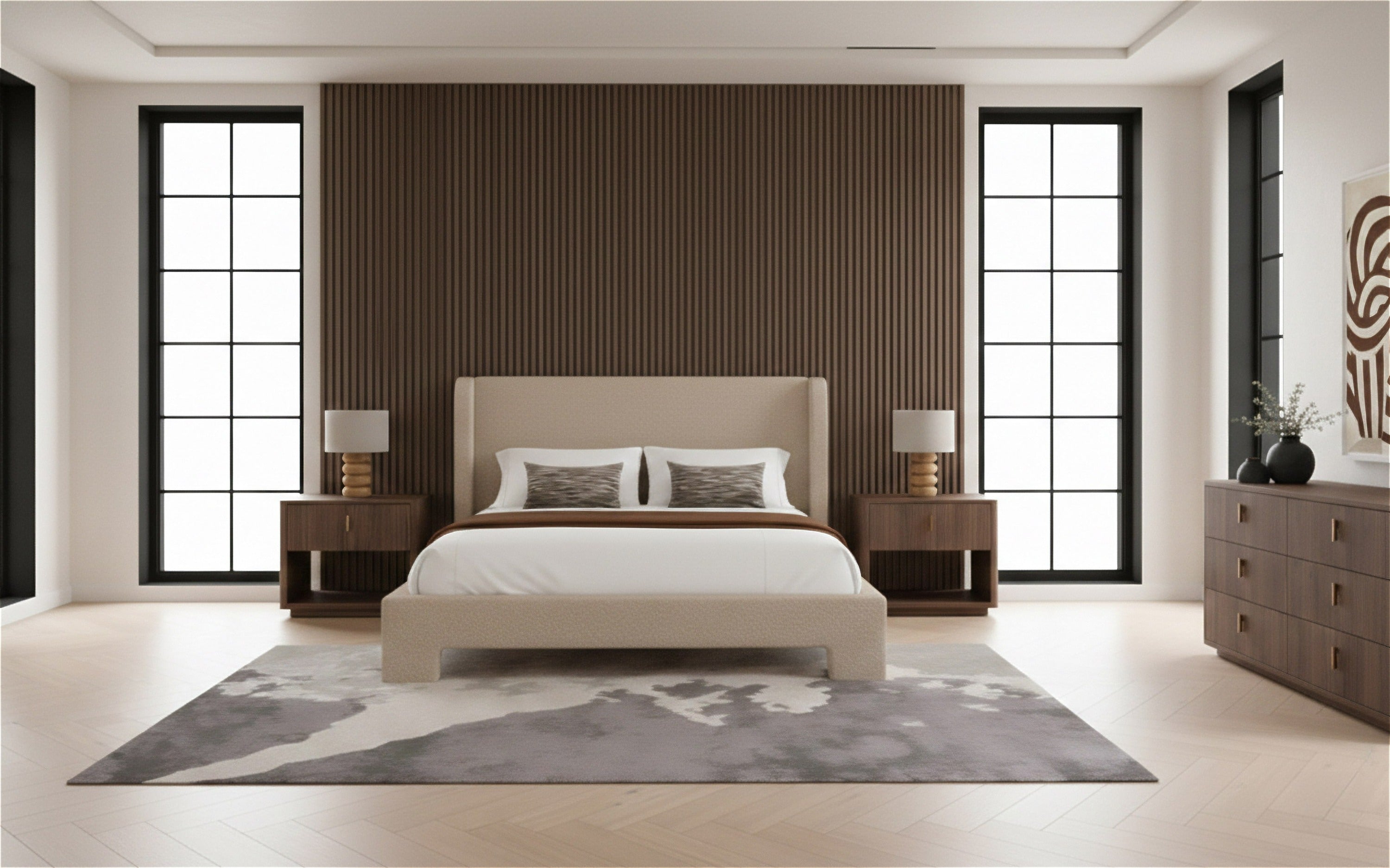 Emilio + Roma - Modern Beige Fabric + Walnut 4-Piece Bedroom Set - Modern Beige Fabric + Walnut 4 - Piece Bedroom Set