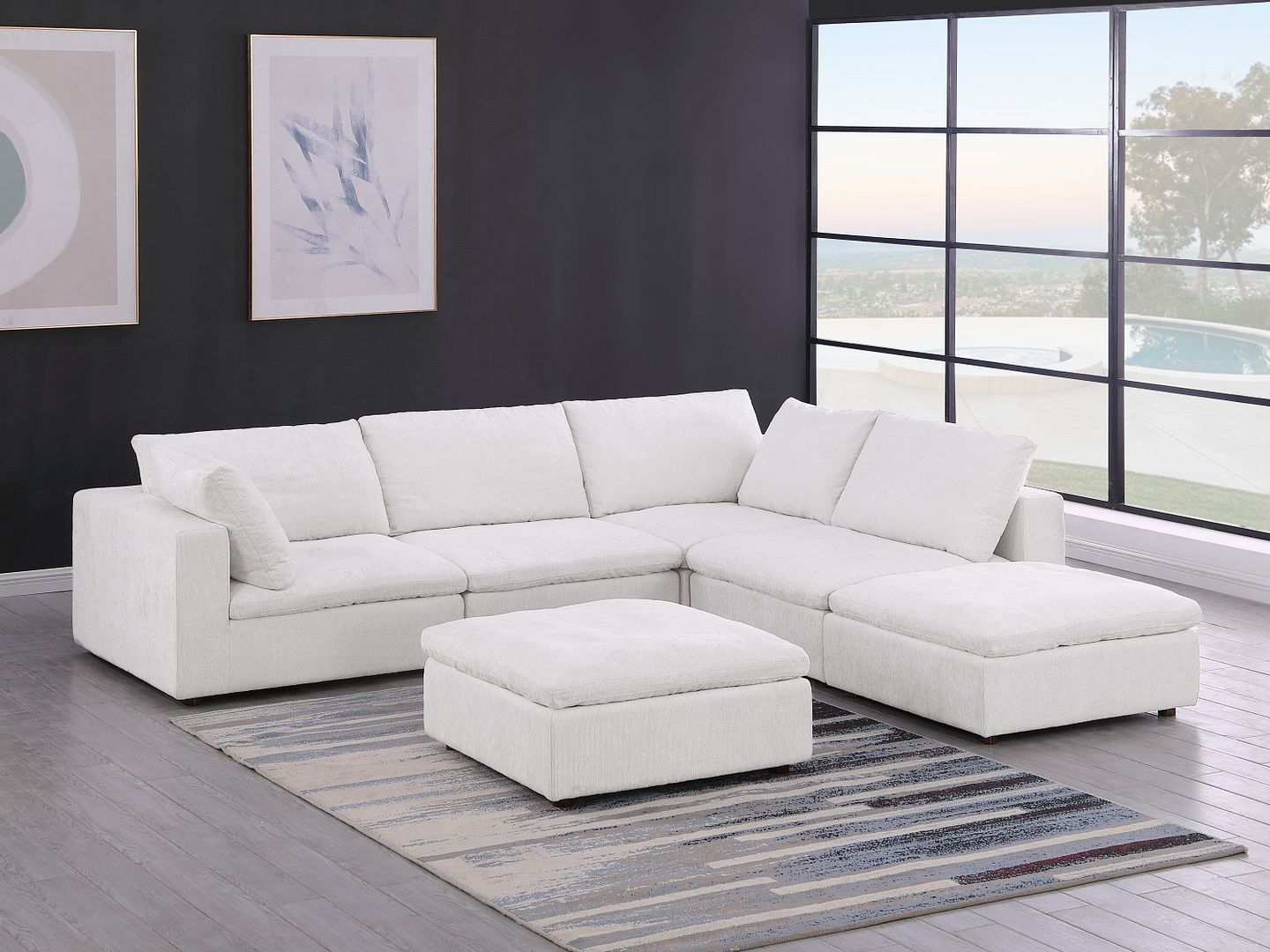 1100 Divanitalia 6-Piece Right Arm Facing 3-Seat Sectional Sofa - Top-grain Italian Leather - Pearl