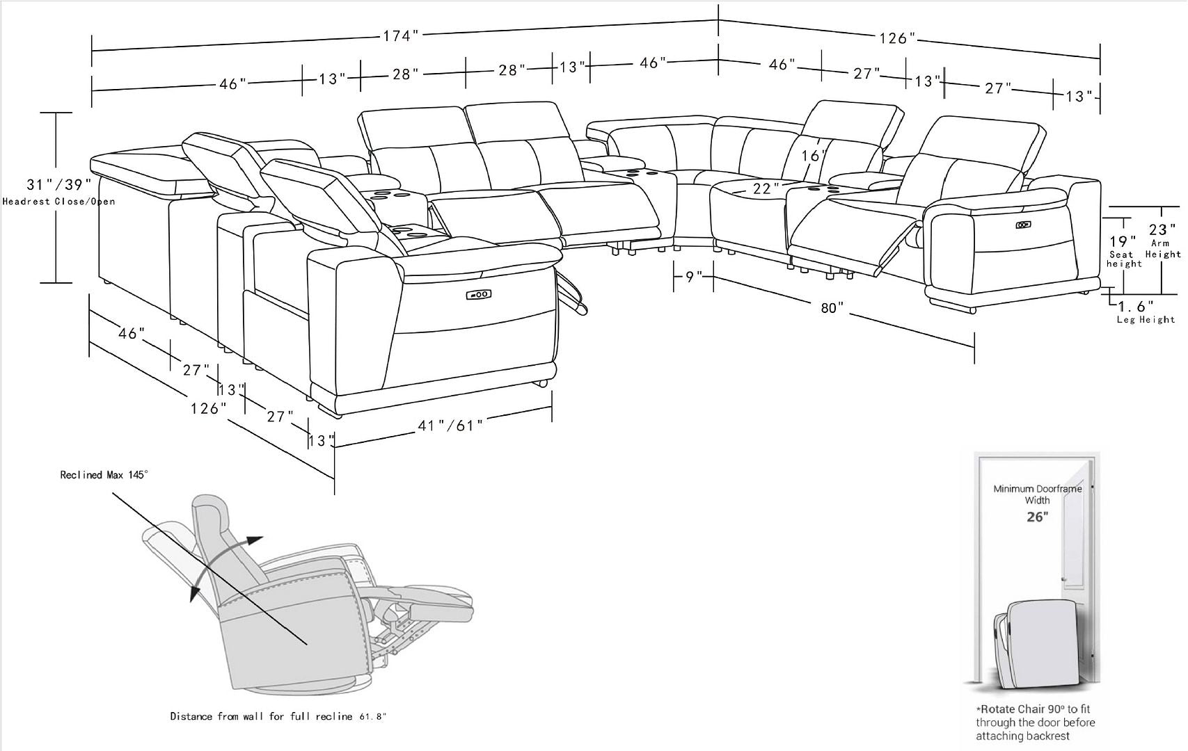 9762 Divanitalia 12-Piece U-Shaped Top Grain Italian Leather Sectional Sofa with 4 Power Recliners