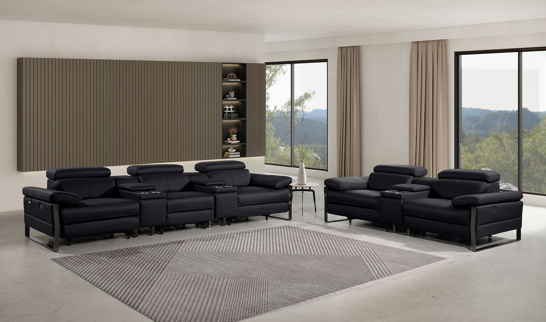 1246 Divanitalia Modular Power Reclining Dual Console Sofa and Console Loveseat Set with Power Headrests - Top Grain Italian Leather - Black