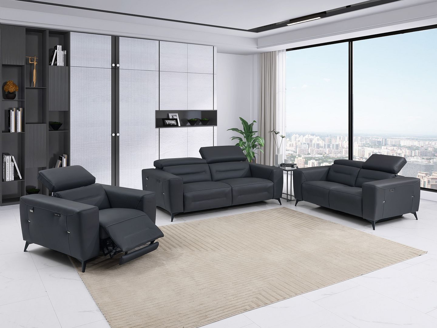 989 Divanitalia Power Reclining 3-Piece Sofa Set with Power Headrest in Top-grain Italian Leather - Dark Grey