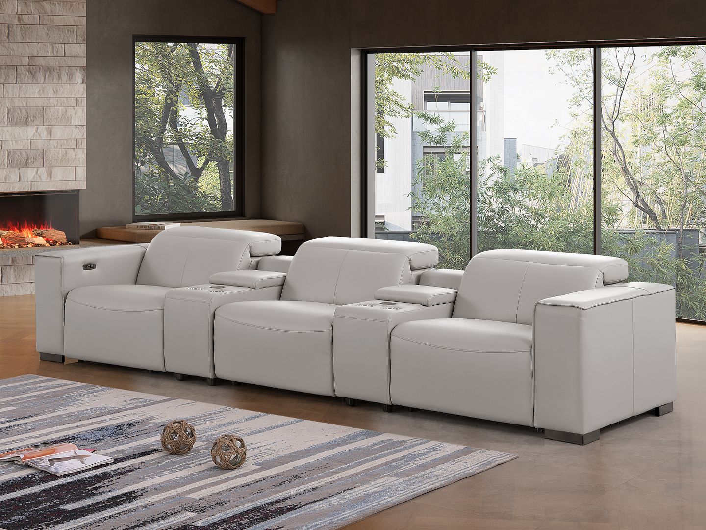 1208 Leather Sofa with 3 Power Recliners and Two Storage Consoles - Light Grey