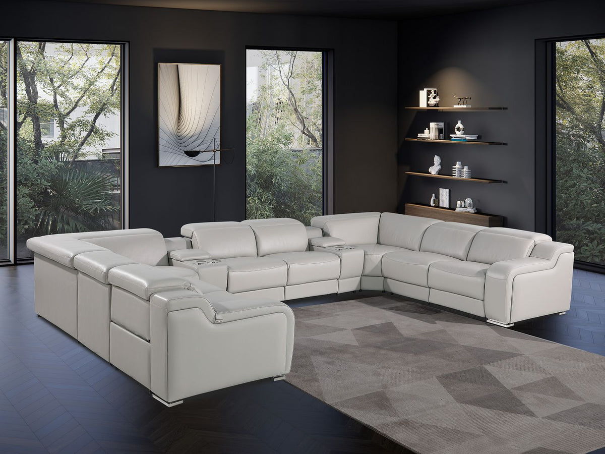 1116 Divanitalia 10-Piece U-Shaped Sectional Sofa in Top Grain Italian Leather with 4 Power Recliners & Power Headrests - Light Grey - SKU 1116-LT_GREY-10PC-4PWR-U-SECTIONAL-GROUP
