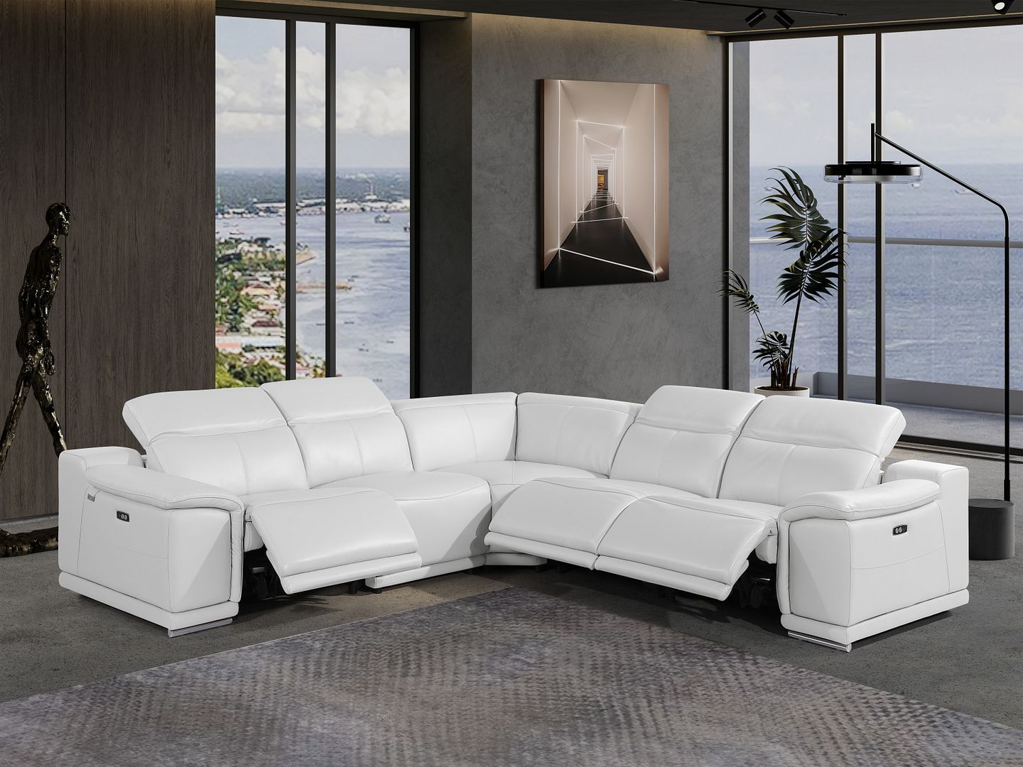 9762 Divanitalia 5-Piece L-Shaped Top Grain Italian Leather Sectional Sofa with 3 Power Recliners - White