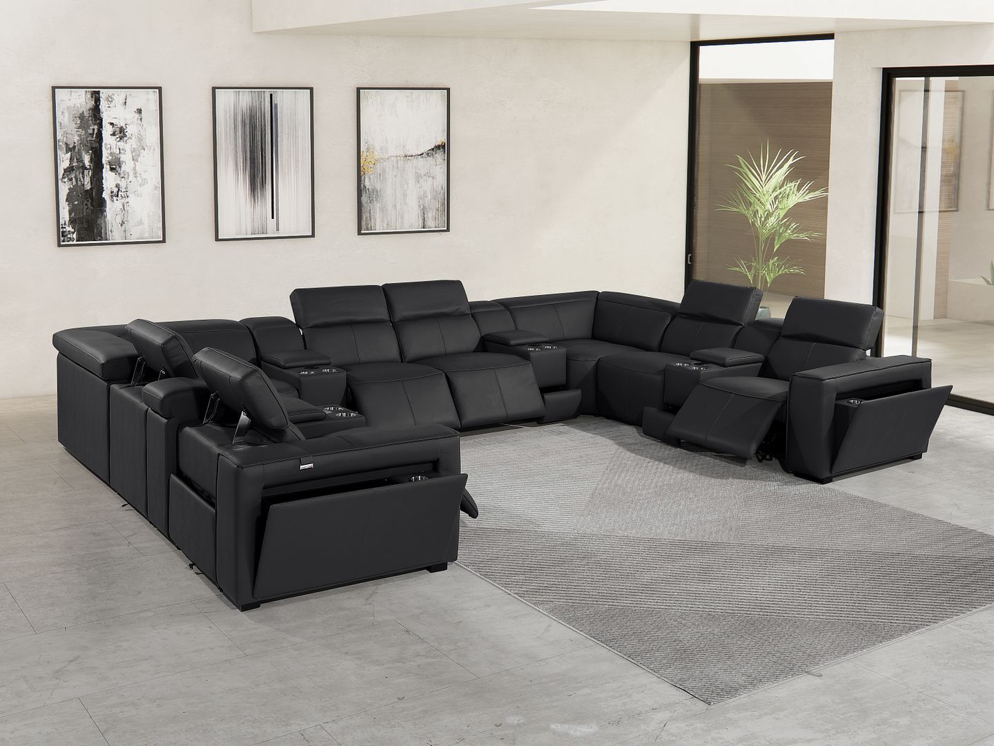 1224 Divanitalia 12-Piece U-Shaped Sectional Sofa in Top Grain Italian Leather with 4 Power Recliners & Power Headrests