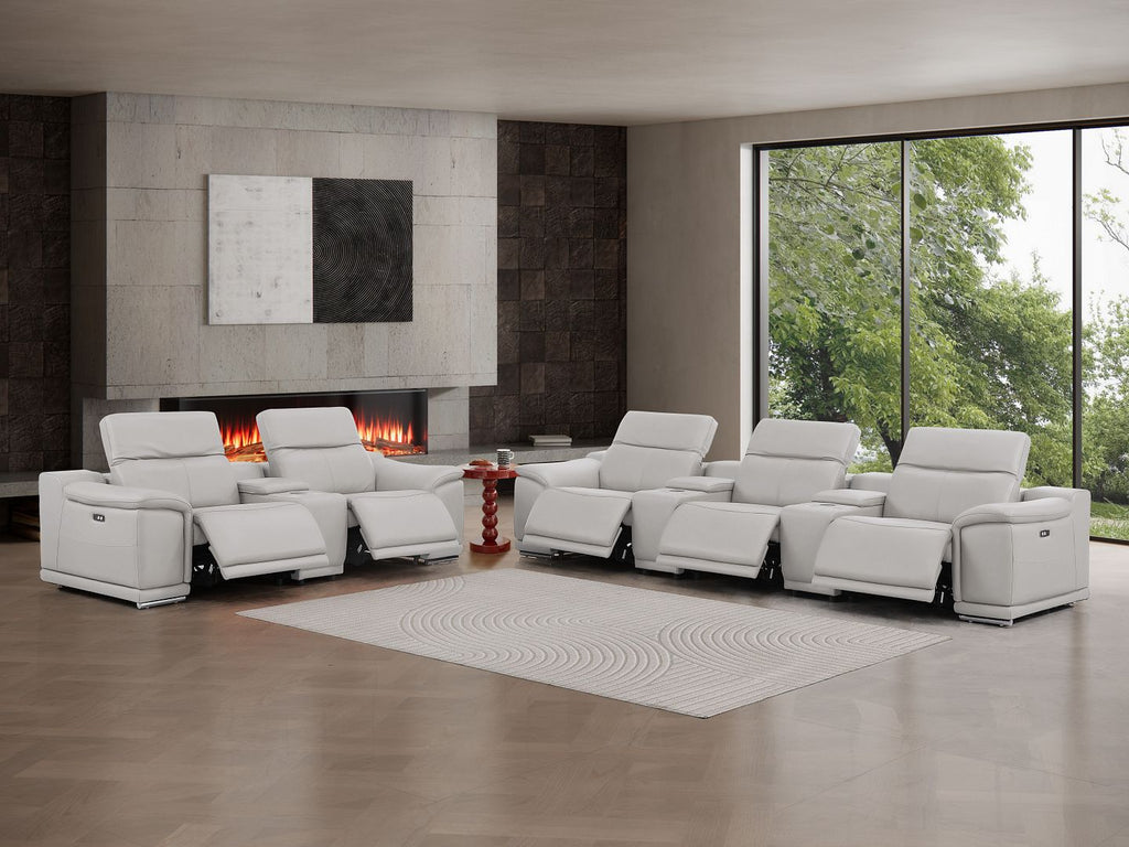 2679 Power Reclining Sofa and Loveseat in Genuine Leather - 5 Recliners with Power Headrests & 3 Consoles - Light Grey - SKU 2679-LT-GRAY-8.5-HT-2PC - view 3