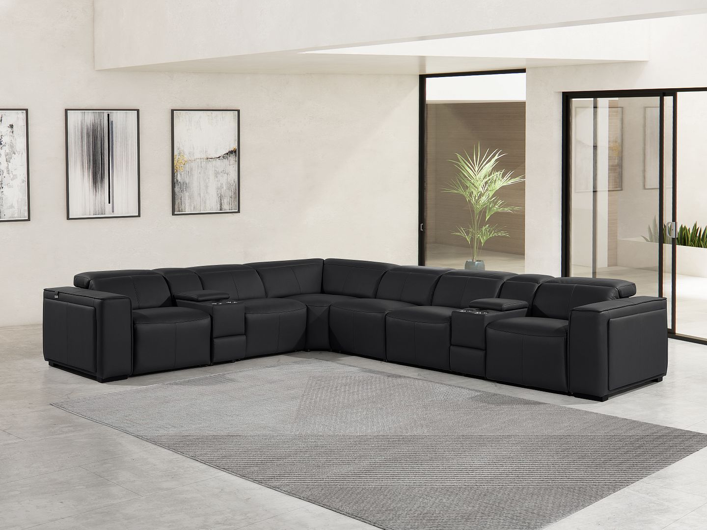 1224 Divanitalia 8-Piece L-Shaped Sectional Sofa in Top Grain Italian Leather with 4 Power Recliners & Power Headrests - Black