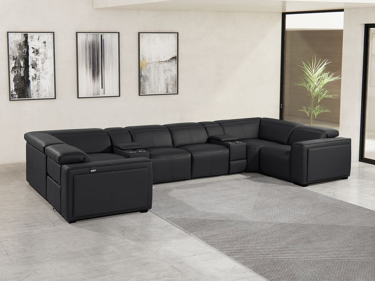 1224 Divanitalia 8-Piece U-Shaped Sectional Sofa in Top Grain Italian Leather with 2 Power Recliners & Power Headrests - Black - SKU 1224-BLACK-8PC-2PWR-U-SECTIONAL