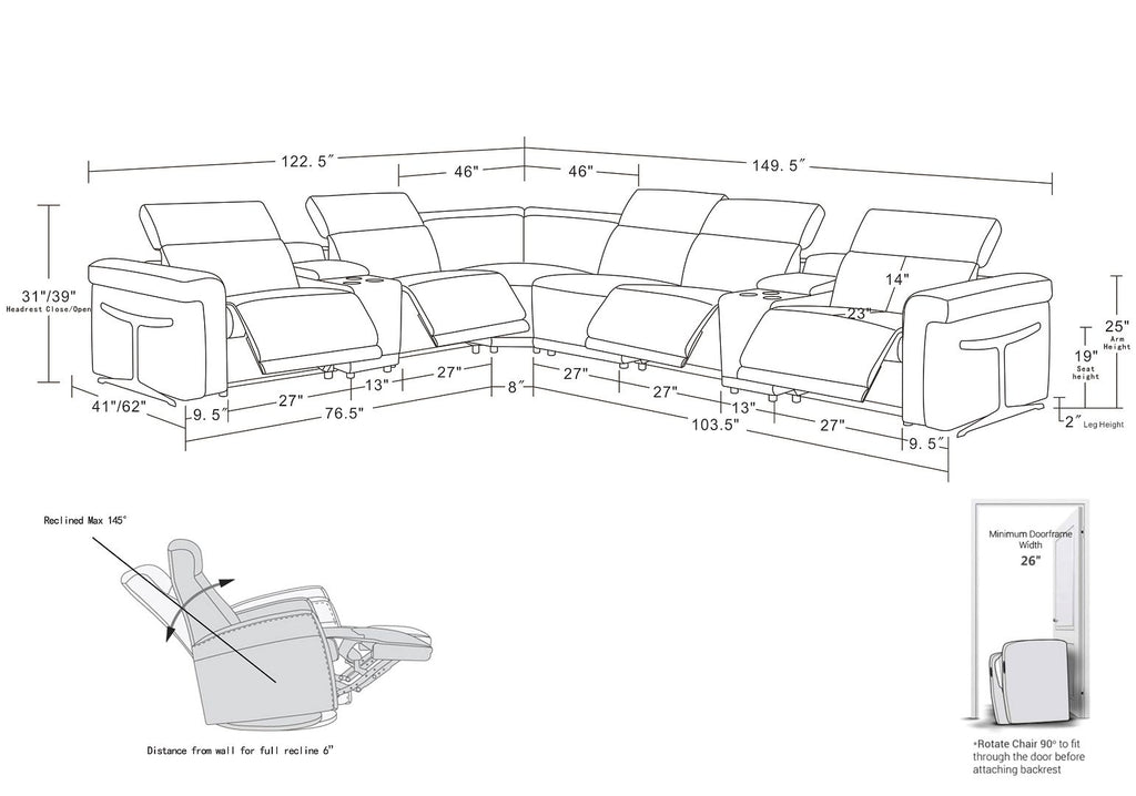 1126 Divanitalia 8-Piece L-Shaped Sectional Sofa in Top Grain Italian Leather with 4 Power Recliners & Power Headrests
