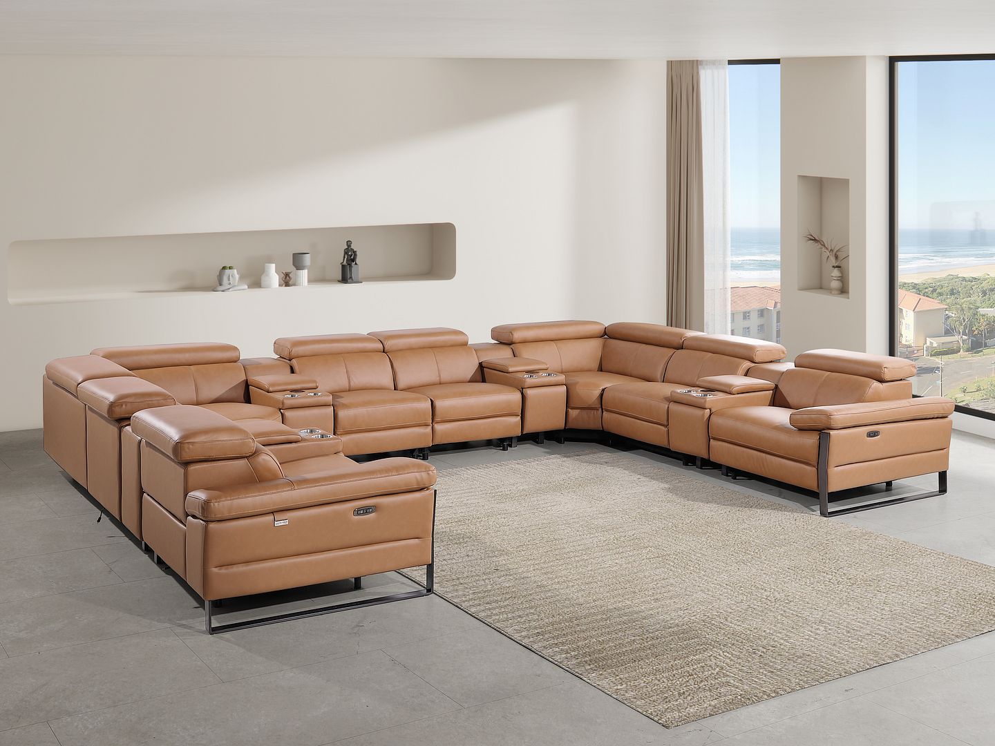 1246 Divanitalia 12-Piece U-Shaped Modular Power Reclining Sectional Sofa with 4 Power Recliners and Power Headrests - Top Grain Italian Leather - Cognac