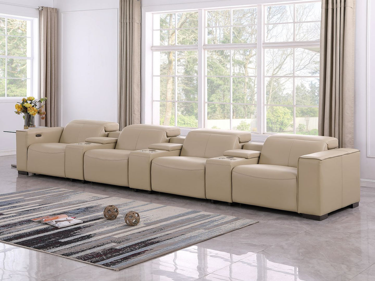 1208 7 Piece Leather Sofa with 4 Power Recliners and Power Headrests - Beige - SKU 1208-BEIGE-S-7.4-HT