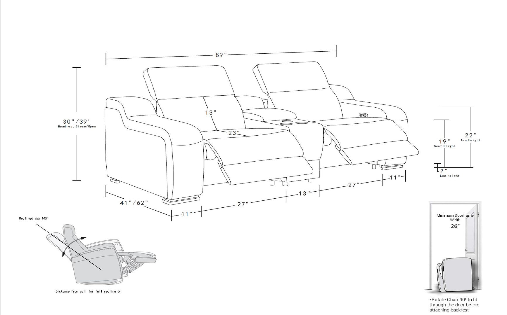 1116 Divanitalia 3-Piece Modular Power Reclining Console Loveseat in Top Grain Italian Leather with 2 Power Recliners & Power Headrests
