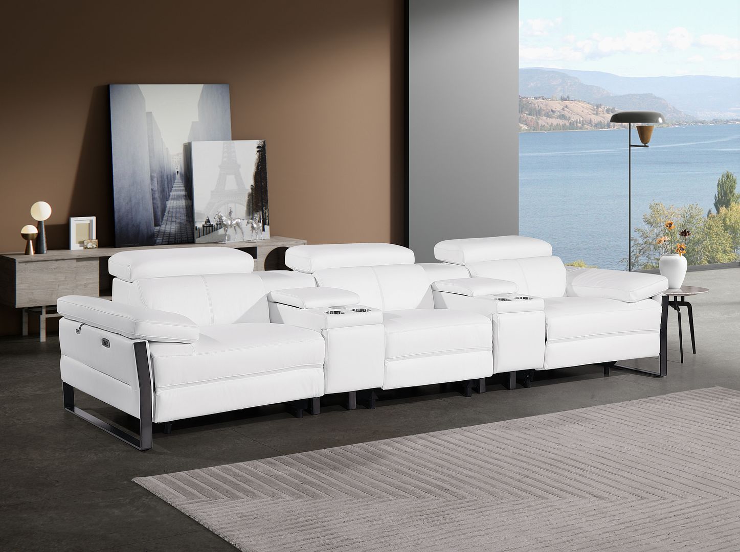 1246 Divanitalia Modular Power Triple Reclining Dual Console Sofa with Power Reclining Headrests - Top Grain Italian Leather - White - SKU 1246-WHITE-5.3-HT