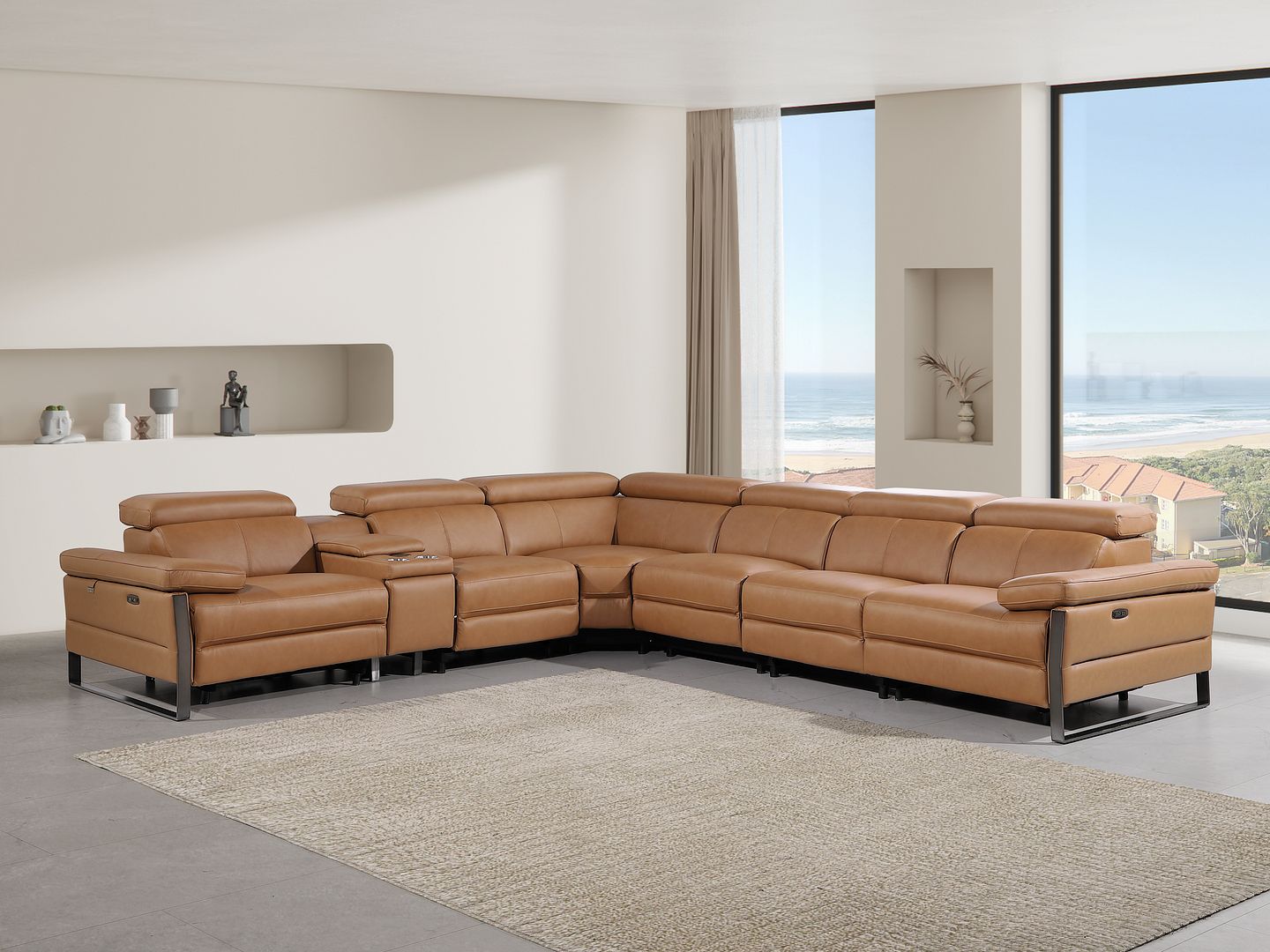 1246 Divanitalia 7-Piece L-Shaped Modular Power Reclining Sectional Sofa with 3 Power Recliners and Power Headrests - Top Grain Italian Leather - Cognac