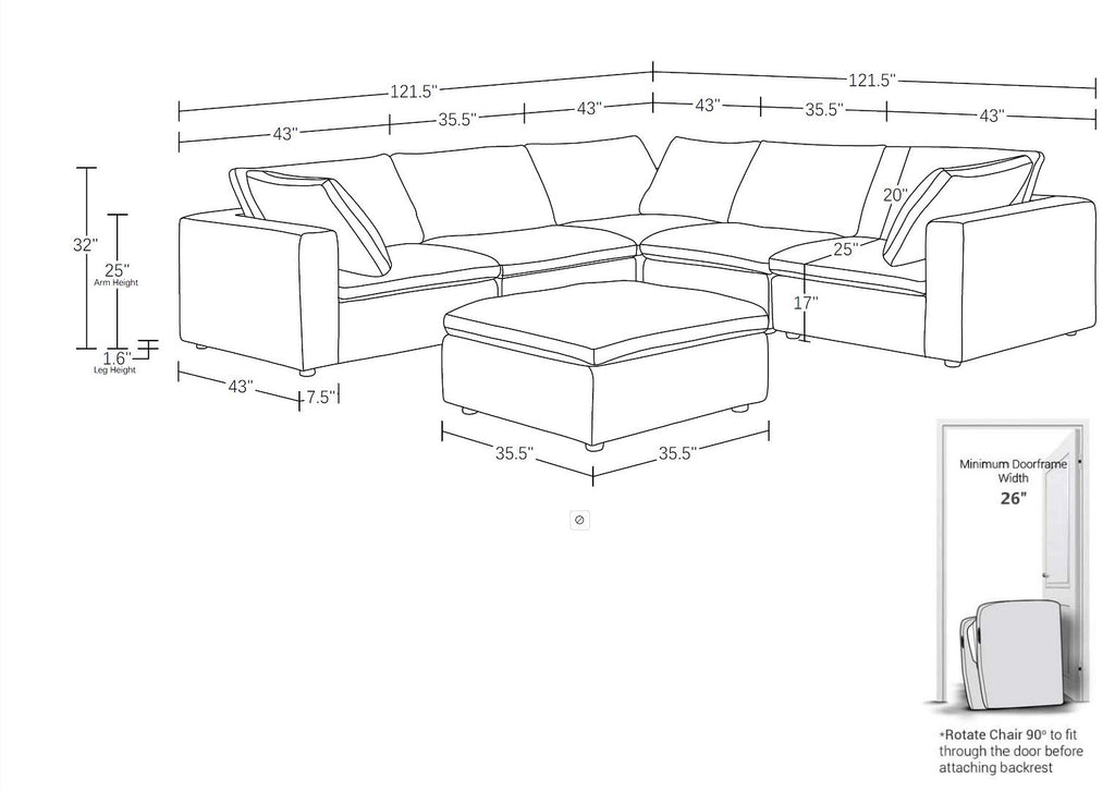 1100 Divanitalia 6-Piece L-Shaped Sectional Sofa - Top-grain Italian Leather
