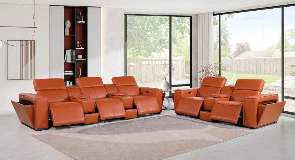 1224 Divanitalia 8-Piece Modular Power Reclining Sofa & Loveseat Set in Top Grain Italian Leather with 5 Power Recliners & Power Headrests - Camel - SKU 1224-CAMEL-8.5-HT-2PC - view 2