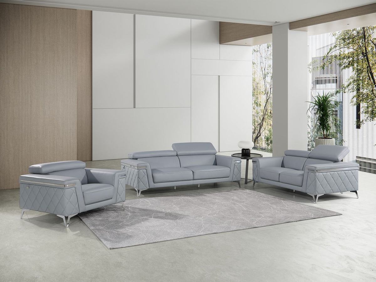 1140 Divanitalia 3-Piece Sofa Set with Adjustable Headrest in Top-grain Italian Leather - Light Blue - SKU 1140-LT-BLUE-3PC