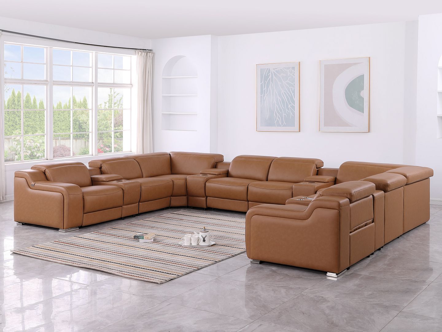 1116 Divanitalia 12-Piece U-Shaped Sectional Sofa in Top Grain Italian Leather with 4 Power Recliners & Power Headrests - Cognac