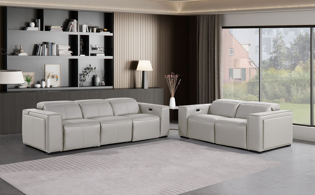 1224 Divanitalia 5-Piece Modular Power Reclining Sofa and Loveseat Set in Top Grain Italian Leather with 4 Power Recliners & Power Headrests - Light Grey