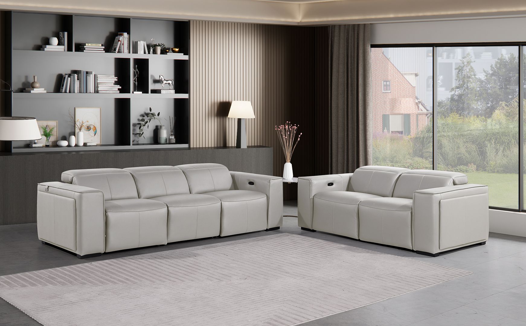 1224 Divanitalia 5-Piece Modular Power Reclining Sofa and Loveseat Set in Top Grain Italian Leather with 4 Power Recliners & Power Headrests - Light Grey