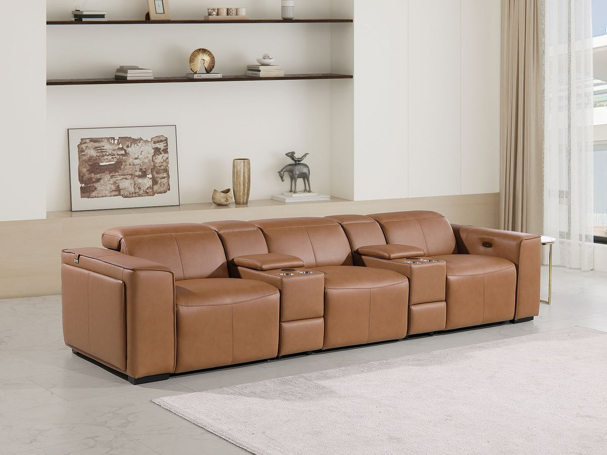 1224 Divanitalia 5-Piece Modular Power Reclining Sofa in Top Grain Italian Leather with 3 Power Recliners & Power Headrests - Cognac - SKU 1224-COGNAC-5.3-HT
