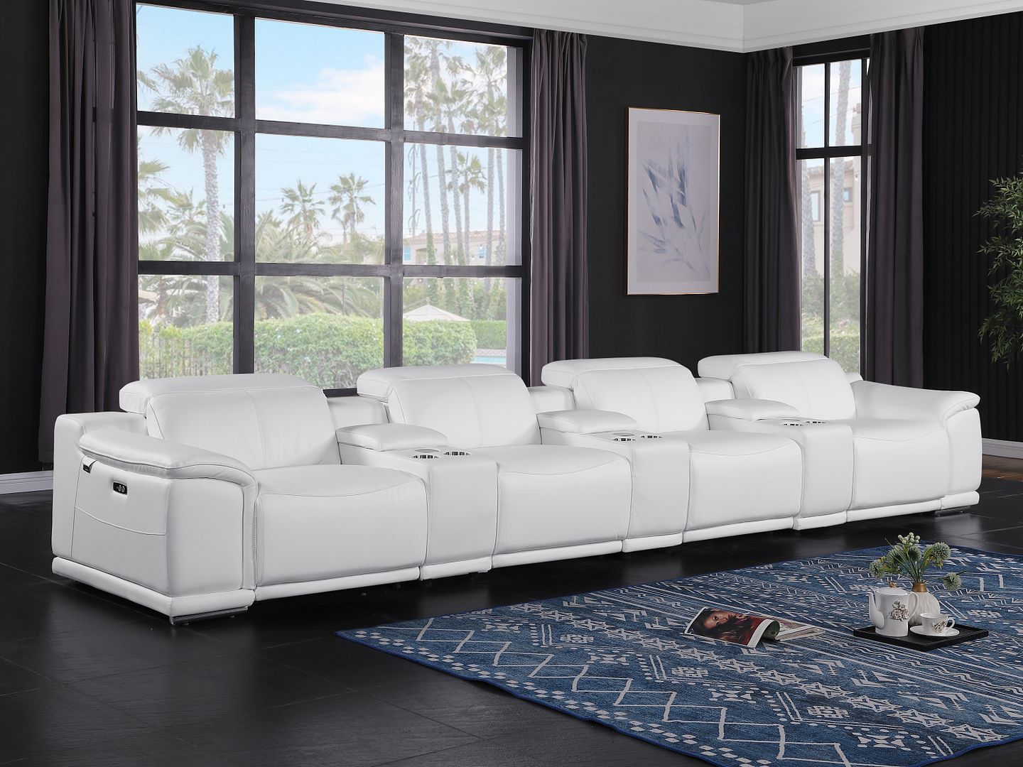 9762 Divanitalia 7-Piece Modular Top Grain Italian Leather Power Reclining Sofa with 4 Power Recliners - White