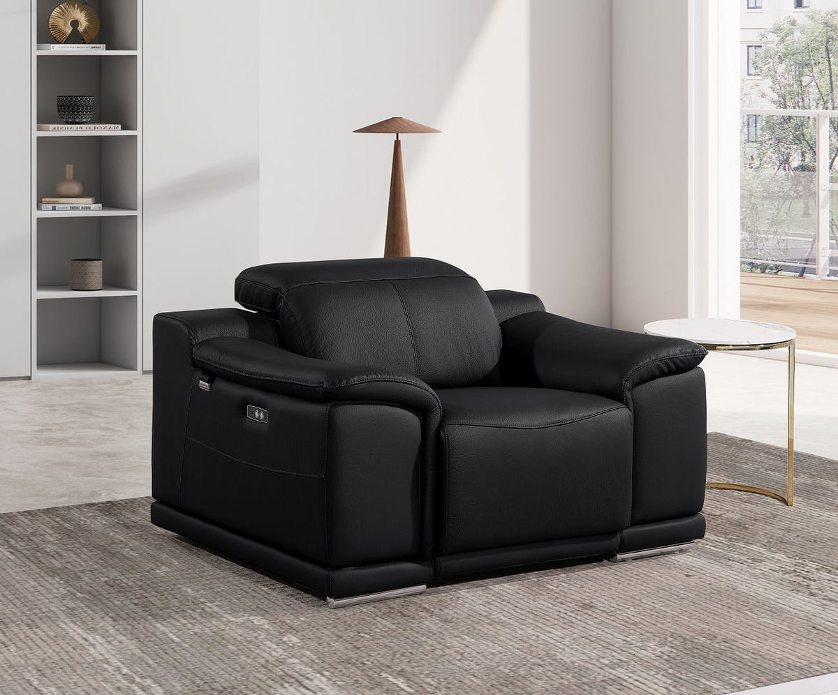 9762 Divanitalia Top Grain Italian Leather Power Reclining Chair with Adjustable Headrests - Black - SKU 9762-PWR-CH-BLACK