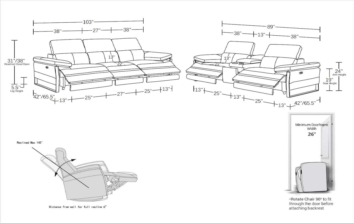 1246 Divanitalia Modular Power Triple Reclining Sofa and Console Loveseat Set with Power Headrests - Top Grain Italian Leather - Light Grey - SKU 1246-LT-GREY-6.5-HT-2PC - view 14