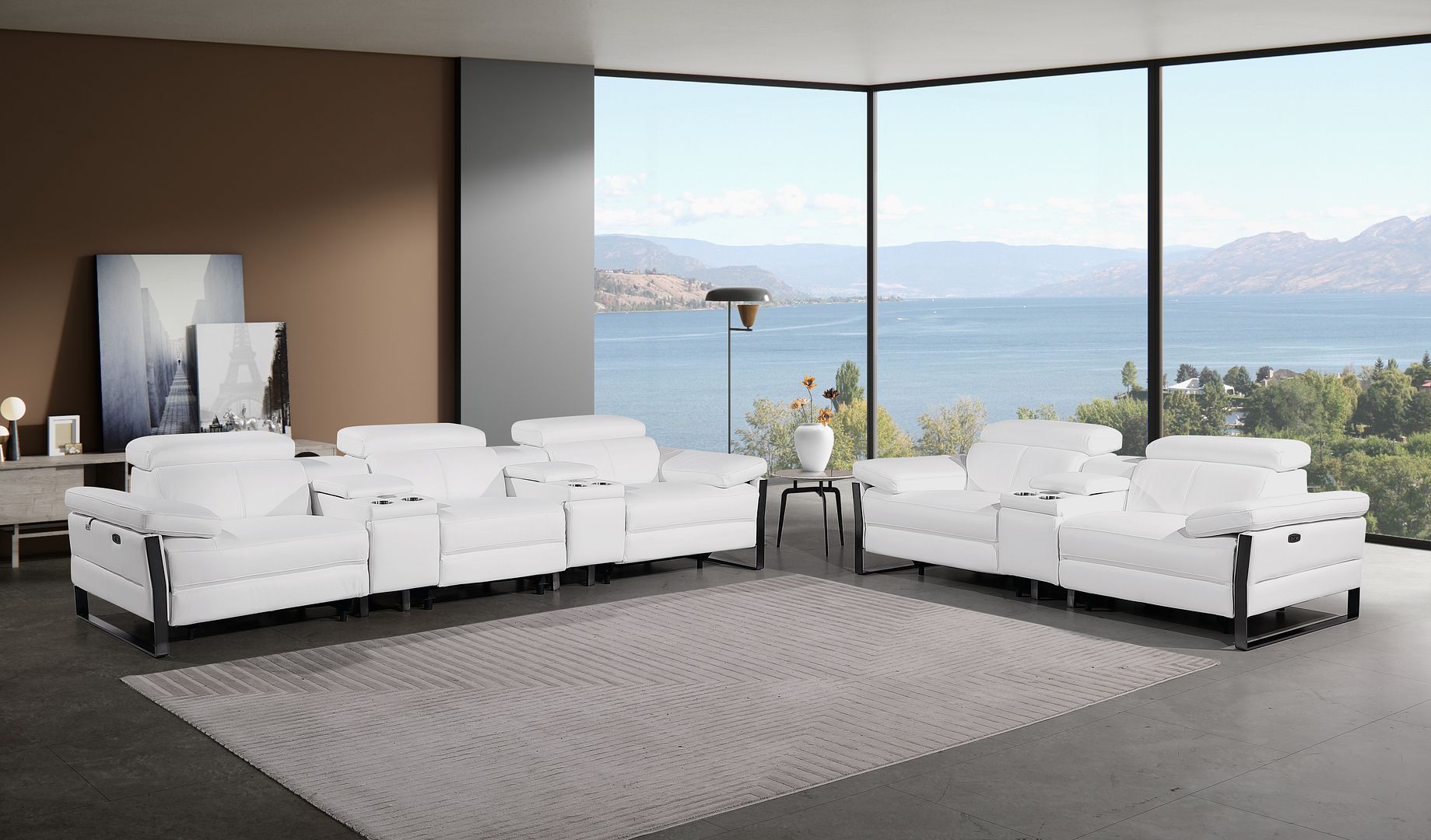 1246 Divanitalia Modular Power Reclining Dual Console Sofa and Console Loveseat Set with Power Headrests - Top Grain Italian Leather - White
