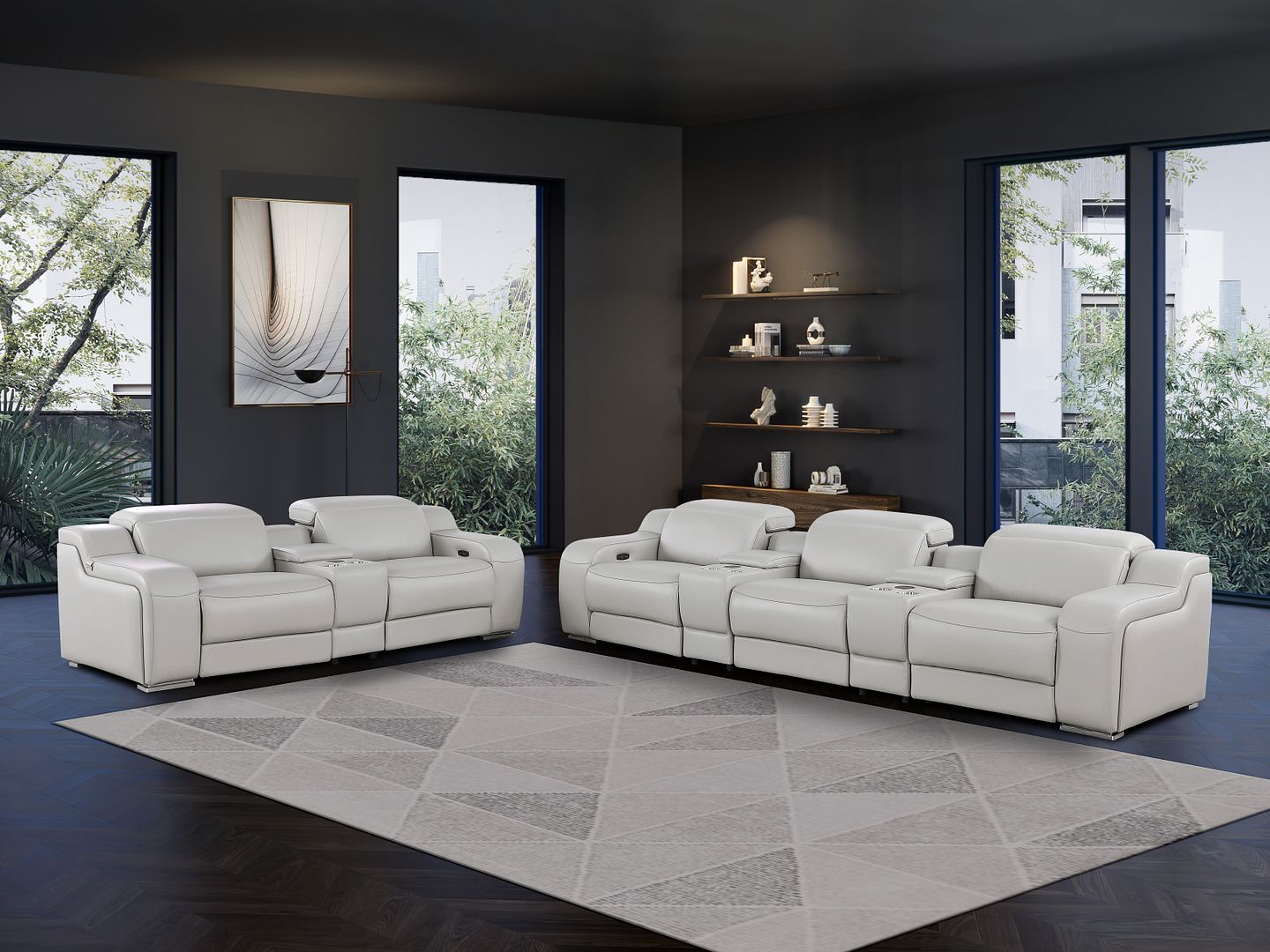 1116 Divanitalia 8-Piece Modular Power Reclining Sofa, Loveseat & Chair Set in Top Grain Italian Leather with 5 Power Recliners & Power Headrests - Light Grey