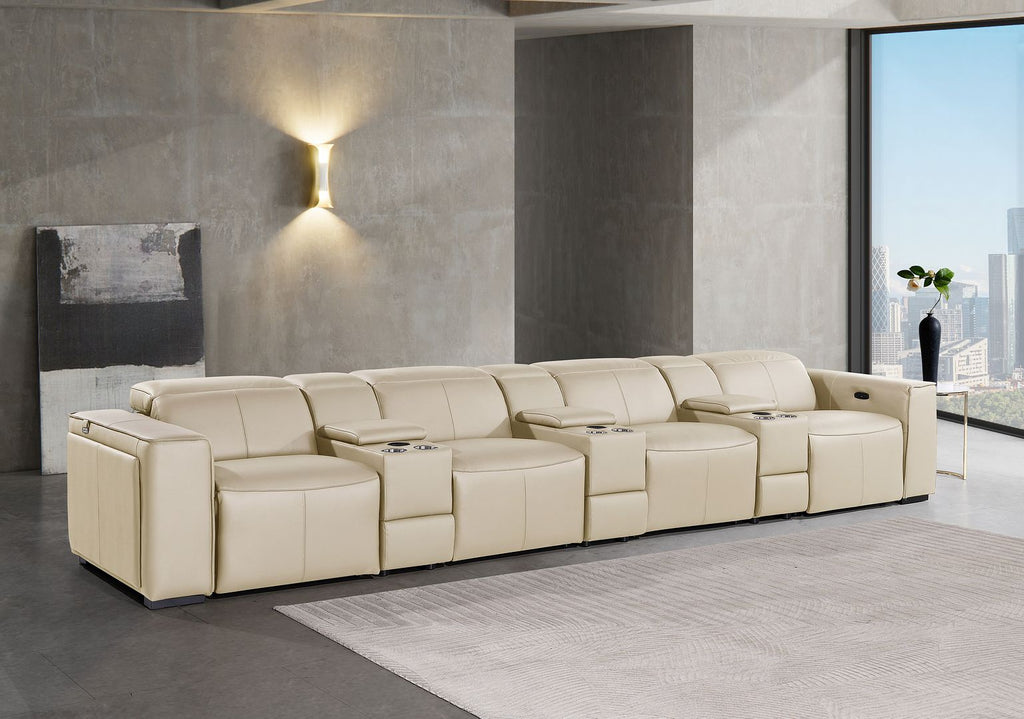 1224 Divanitalia 7-Piece Modular Power Reclining Sofa in Top Grain Italian Leather with 4 Power Recliners & Power Headrests - Beige