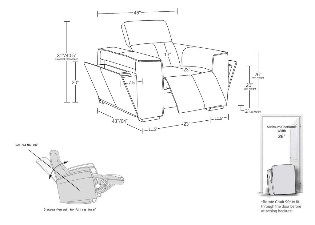 1126 Divanitalia Top Grain Italian Leather Power Reclining Chair with Power Headrests