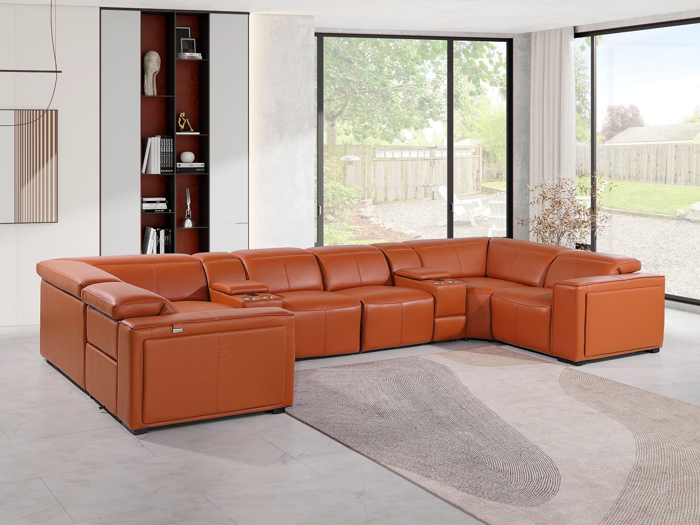 1224 Divanitalia 8-Piece U-Shaped Sectional Sofa in Top Grain Italian Leather with 4 Power Recliners & Power Headrests - Camel