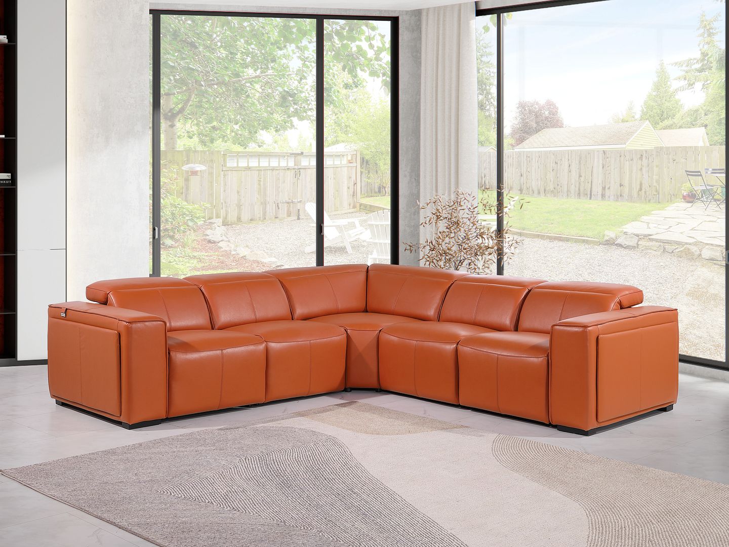 1224 Divanitalia 5-Piece L-Shaped Sectional Sofa in Top Grain Italian Leather with 3 Power Recliners & Power Headrests - Camel