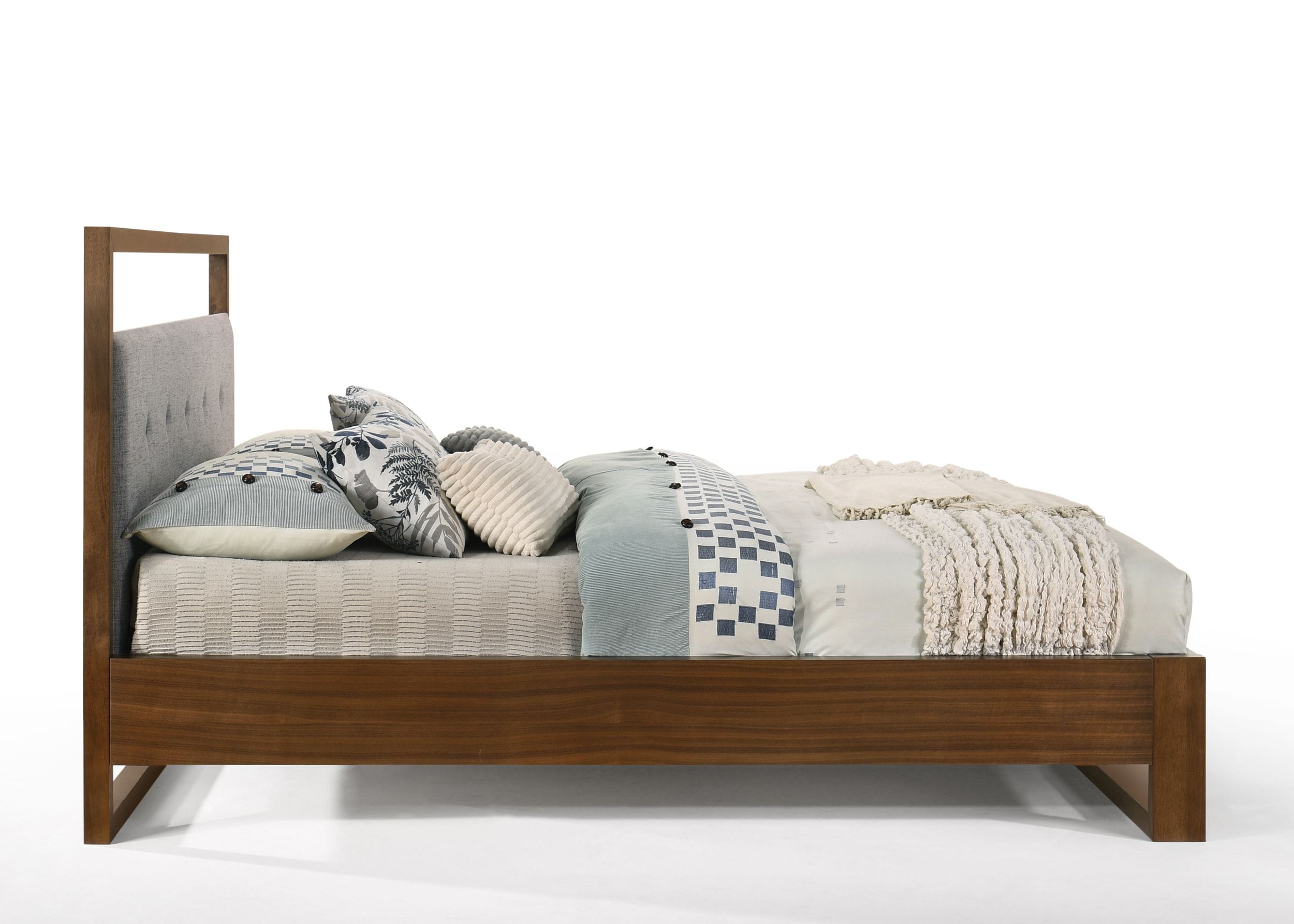 Falcor - Modern Grey Fabric & Walnut Veneer Bed - Modern Grey Fabric & Walnut Veneer Bed - Eastern King