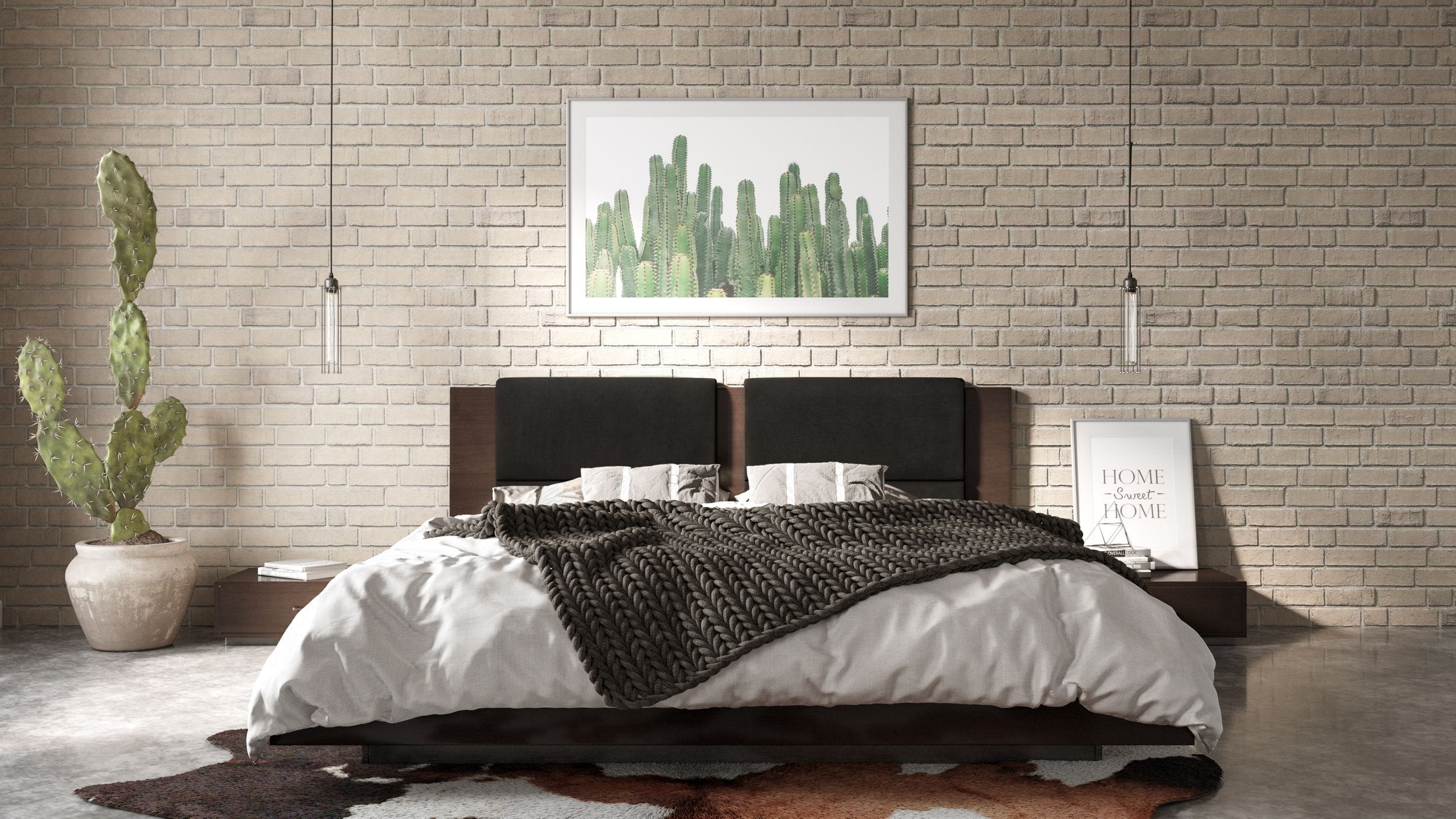 Fantasia - Dark Walnut/Dark Grey Bed and Two Nightstands - Dark Walnut/Dark Grey Bed and Two Nightstands