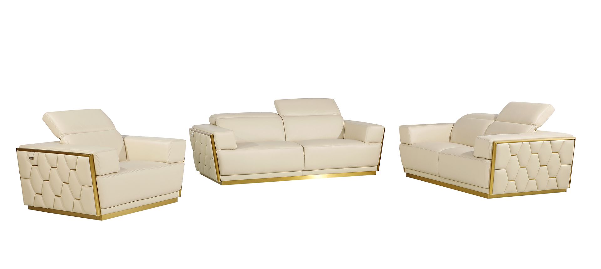 1111 Divanitalia 3-Piece Sofa Set with Adjustable Headrest in Top-grain Italian Leather - Cream - SKU 1111-BEIGE-3PC - view 2