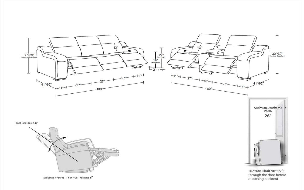 1116 DivanItalia 6-Piece Modular Power Reclining Sofa and Console Loveseat Set in Top Grain Italian Leather with 5 Power Recliners & Power - free Headrestshite glove delviery in LA, Ventura and Orange counties - Dimensions